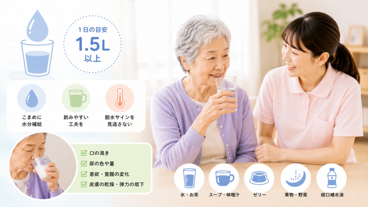 高齢者の水分不足・脱水対策｜1日に必要な水分量と「飲めているか」を見る大切さを解説